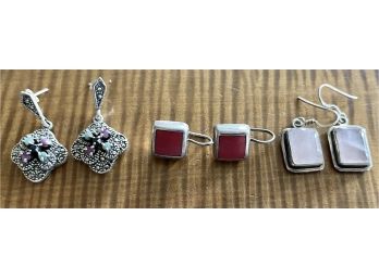 (3) Pairs Of Earrings - Pink Quartz And Sterling Silver, Silpada Sterling And Coral, Sterling Marcasite Stone