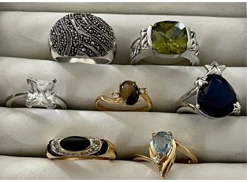 Lot Of Silver And Gold Tone Rings - (1) 18k HGE, Tigers Eye, Marcasite, And More - Sizes 6- 8