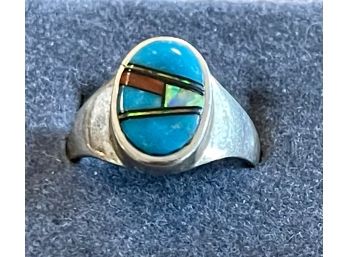 Sterling Silver Opal, Coral, Turquoise, And Black Onyx Ring Size 7.5