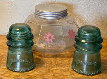 Antique Aridor Octagonal Jar With Tin Lid And (2) Hemingray Blue Insulators
