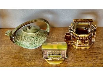Vintage Mccoy Tea Pot - Mccoy Wishing Well Planter & New Orleans Pottery Bank