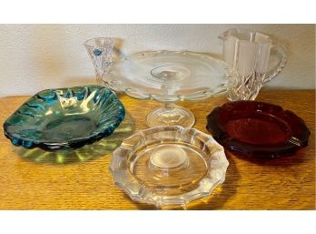 Vintage Glass  Lot - Cake Plate - Hand Blown Blue Dish - Lenox Crystal Vase - Crystal Pitcher - Colonial Dish