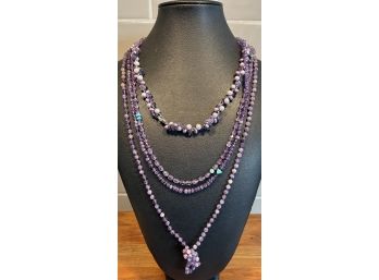 Amethyst Chip And Round Bead Necklace Lot With Turquoise And Faux Pearls