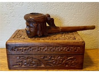 Antique Hand Carved Wood Face Pipe And Vintage Wood Carved Jewelry Box