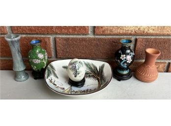 (2) Miniature Cloisonne & Painted Egg With Wood Bases, Stone Bud Vase, Grays Pottery Bowl, & More