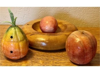 Vintage Myrtle Wood Bowl With Carved Stone Fruit Apple, Pineapple And Egg