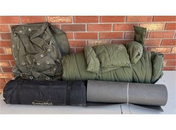 Vintage Canvas Ruck Sack With US Intermediate Cold Sleeping Bag And (2) Sleeping Pads