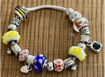 Pandora Sterling Silver 7' Charm Bracelet With Art Glass Beads, Enamel, Animals, And More