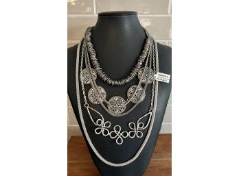 Lot Of Silver Tone Necklaces - Daisy Fuentes Snake Chain, Metal Bead, Silver Tone Statement, And More