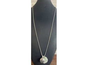 Sterling Silver 30' Italy Twist Chain With Antique Etched 925 Locket And Jadeite Pendant