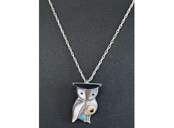 Sterling Silver Zuni Inlay Owl Pendant MOP - Onyx - Sterling Silver 18' Chain