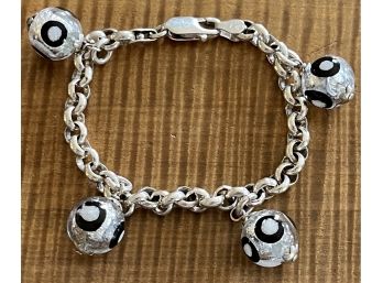 Sterling Silver Italy Art Glass Bead Charm Bracelet Black And Silver