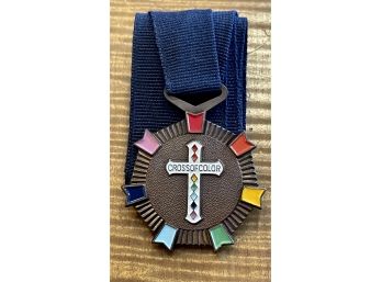 Vintage Cross Of Color Medallion Rainbow Girls Cross On Satin Ribbon