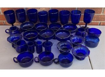 Collection Of Vintage Cobalt Blue - Goblets, Shot Glasses, Cream, Sugar, & More ( As Is )