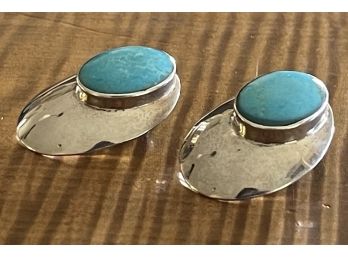 Pair Of Sterling Silver And Turquoise Earrings - 10.3 Grams Total