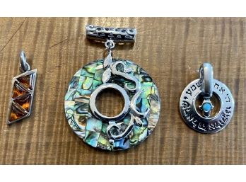 (3) Pendants - (1) Sterling Silver And Amber, Silver Tone Abalone, And Shema Silver Tone