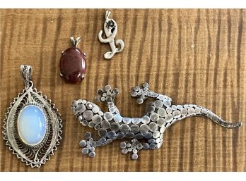 Sterling Silver Gecko Lizard - Moonstone Silver Pendant - Sterling And Blood Stone Pendant  And More