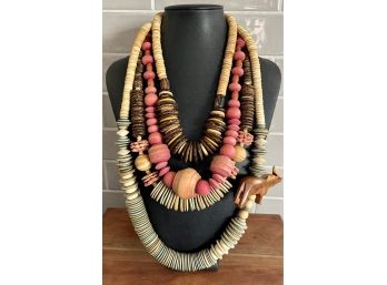 (4) Wood And Nut Bead Necklaces - Carved Elephant, Colored Wood, And More