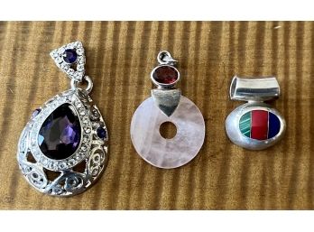 (3) Pendants- Pink Quartz Sterling Silver, Malecite Coral Blue Lapis Sterling, Silver Tone With Purple Stone
