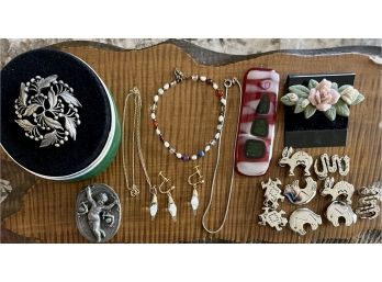 Eclectic Jewelry Lot - Art Glass Handmade Pendant - Sterling Ankle Bracelet - Button Covers - Necklace & More