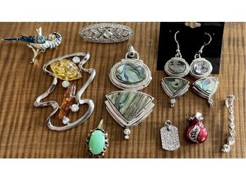 Jewelry Lot - Abalone Pendant And Earrings, Faux Amber Pendant, Enamel Bird Pin, Bar Pin, And More