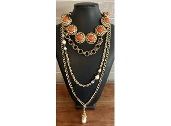 (4) Vintage Gold Tone Statement Necklaces - T Tahari - Sarah Coventry - Faux Coral Stone & Faux Pearl