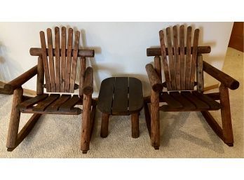 (2) Vintage Slat Back Log Outdoor Rockers With Small Wooden Side Table
