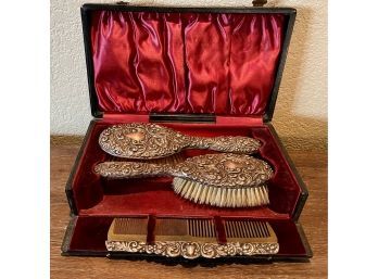 Antique Joseph Gloster Sterling Silver Repousse (2) Brushes And Comb With Satin Lined Case Signed