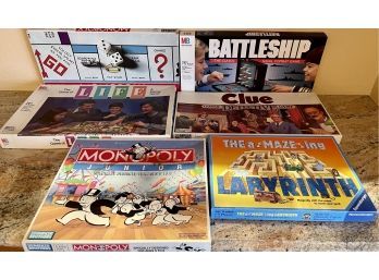 Assorted Board Games - Battleship, Clue, Life, Labyrinth, And Monopoly