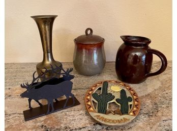 Eclectic Lot Of Pottery, Brass, And Metal - Elk Napkin Holder, 2 Pottery Jugs, Arizona Trivet