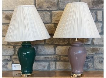Green And Purple Ceramic 3-way Lamps With Brass Base And White Material Shades