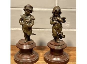 (2) Small Bronze Victorian Boy And Girl On Red Marble Bases (as Is)