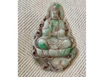 Vintage Carved Bi Color Jade Panel Depicting Buddha & Koi Fish