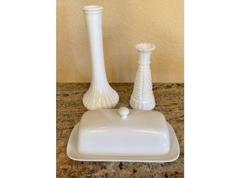 Milk Glass Hoosier Vase, Small Milk Glass Vase, And A Cordon Bleu Butter Dish With Lid