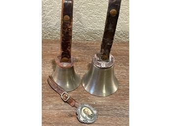 (2) Antique Ringing Bells With Leather Straps G & B, Antique Painted Portrait Silver Tone Frame & Metal Strap