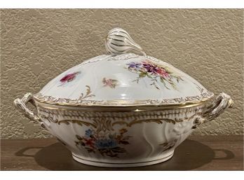 Saxe Antique Porcelain Floral Covered Handled Dish