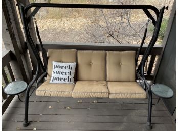 Dark Brown Metal 3-seat Porch Swing With Side Tables (Attached) (Porch Sweet Porch Cushion Not Included)