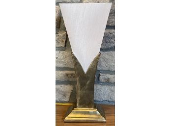 Small Brushed Metal Lamp With White Material Shade