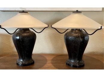 Pair Of Dark Bronze Tone Metal Frosted Shade 3 Way Table Lamps