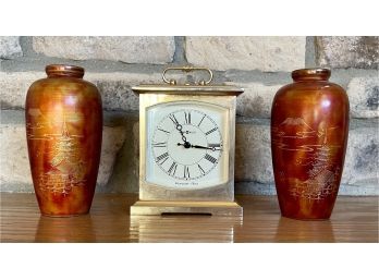 (2) Hand-painted Asian Style Vases With Lacquer Bottoms With Howard Miller Gold Tone Westminster Chime Clock