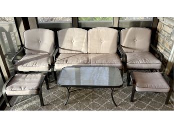 Set Of Aluminum Patio Furniture Including (2) Rockers, Glass Top Table, (2) Ottomans, And Loveseat