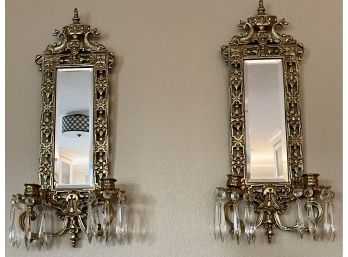(2) Antique Ornate Brass Mirrored Wall Candle Sconce With Crystal Prisms - Glo-mar Artworks