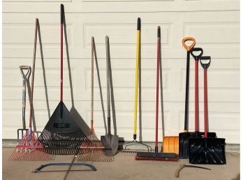 Collection Of Assort Yard Tools Including Rakes, Shovels, Brooms, Saws, And More