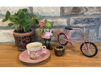 Cute Decor Lot Including Resin Frog, Metal Bicycle, Faux Plant, And More