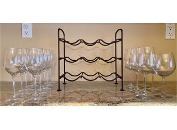 Black Iron 9 Bottle  Wine Rack With 16 Assorted Size Wine Glasses