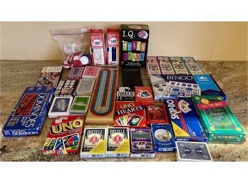 Large Collection Of Card Games, Cribbage, Poker Chips, Brain Quest, Bingo, And More