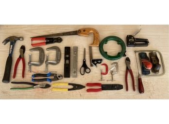 Assorted Hand Tool Lot Including Clamps, Levels, Planers, Saws, And More