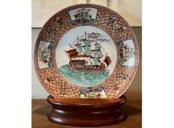 1890's Black Ship Charger Large Platter Fuku Mark Portuguese Sailors With Wooden Base