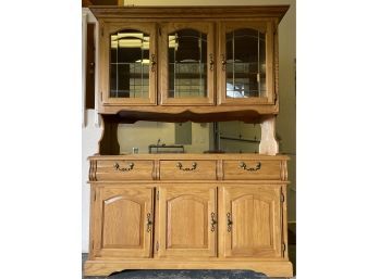 Solid Oak Country Kitchen Glass Front Hutch With Lights