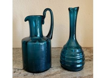 Vintage Handblown Blue Art Glass Pitcher And Vase